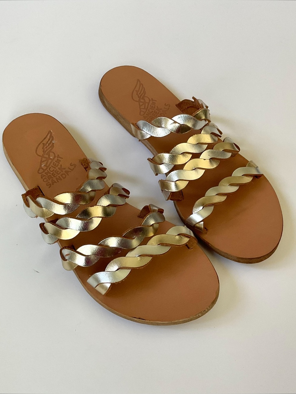ANCIENT GREEK SANDALS Gold Silver Strap Flat Sandal Handmade Greece Size EU 37
